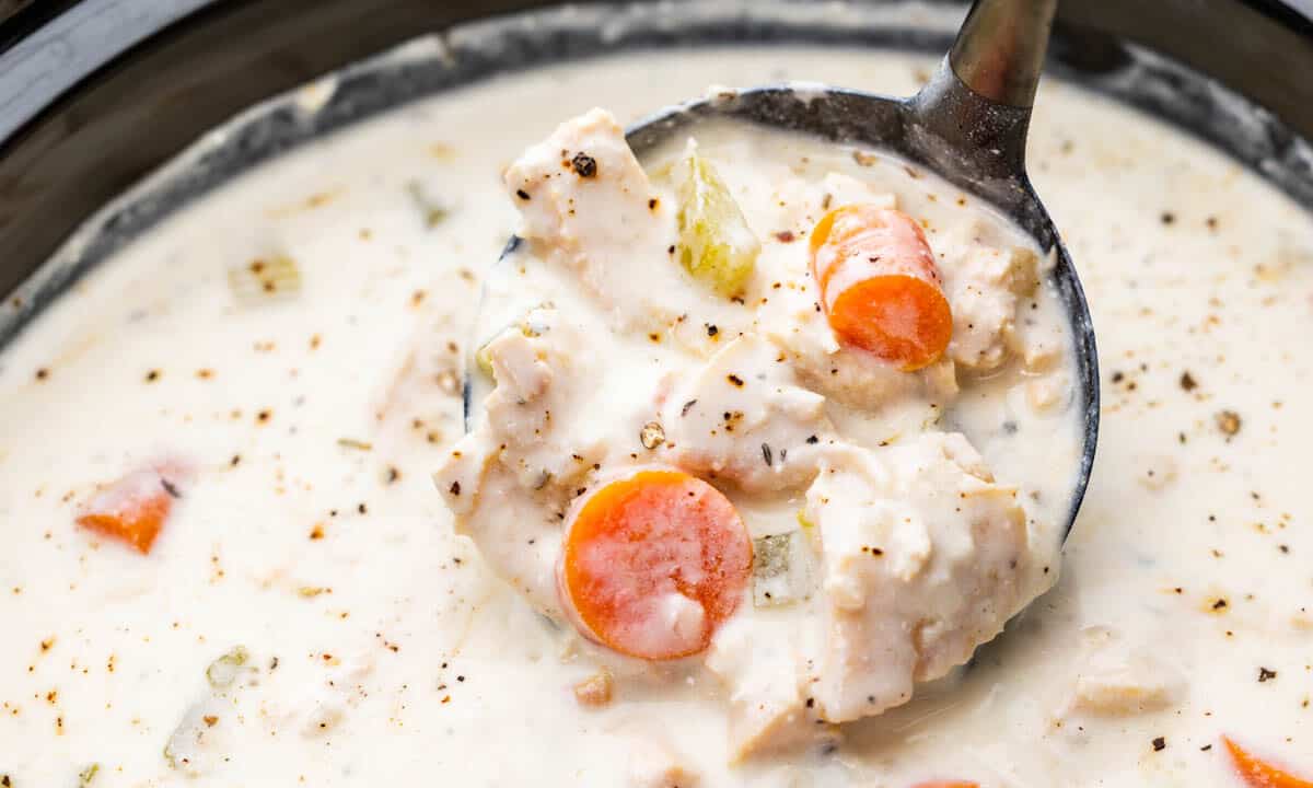 Overhead view looking into a slow cooker filled with chicken soup.