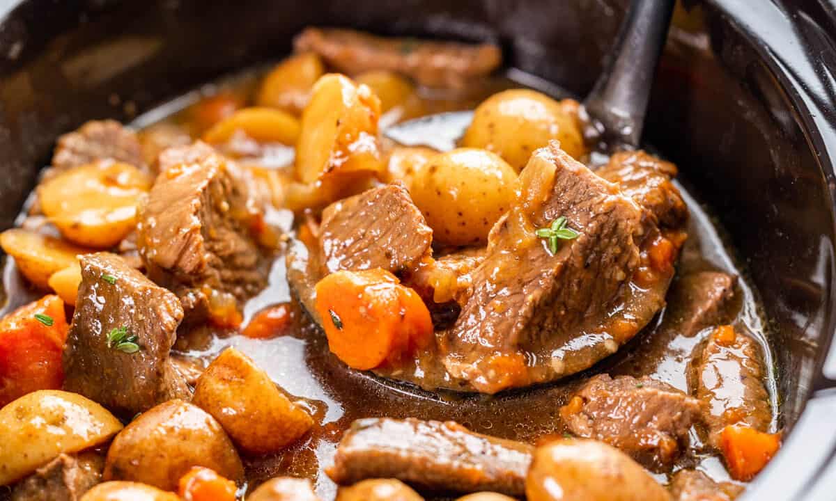 Close up view of slow cooker Irish stew.