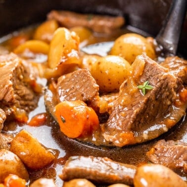 Close up view of slow cooker Irish stew.