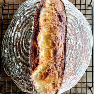 Sourdough bread on a cooling rack