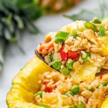 Pineapple fried rice in a hollowed out pineapple.