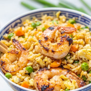 Close up view of shrimp fried rice in a porcelain bowl.