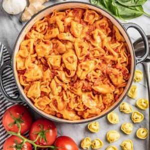 An overhead view of a stockpot filled with tomato tortellini soup.