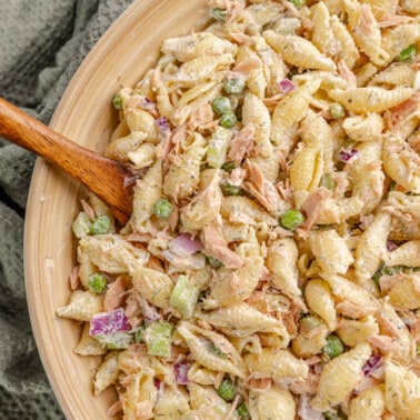 Overhead view of tuna pasta salad.