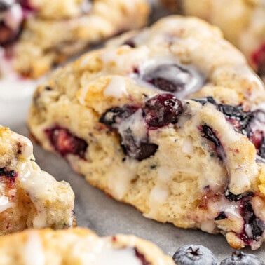 A close up view of homemade blueberry scones.