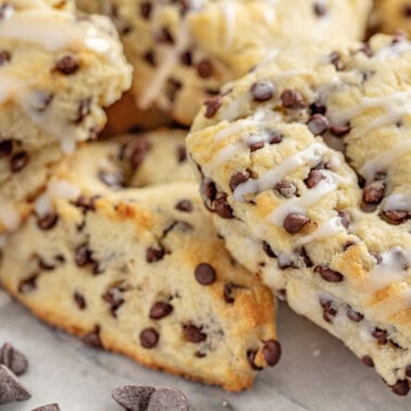 Side view of delicious chocolate chip scones.