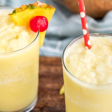 Overhead view of Pina coladas in glasses.