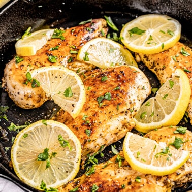 Looking into a cast iron skillet filled with lemon slices and cooked chicken breasts.