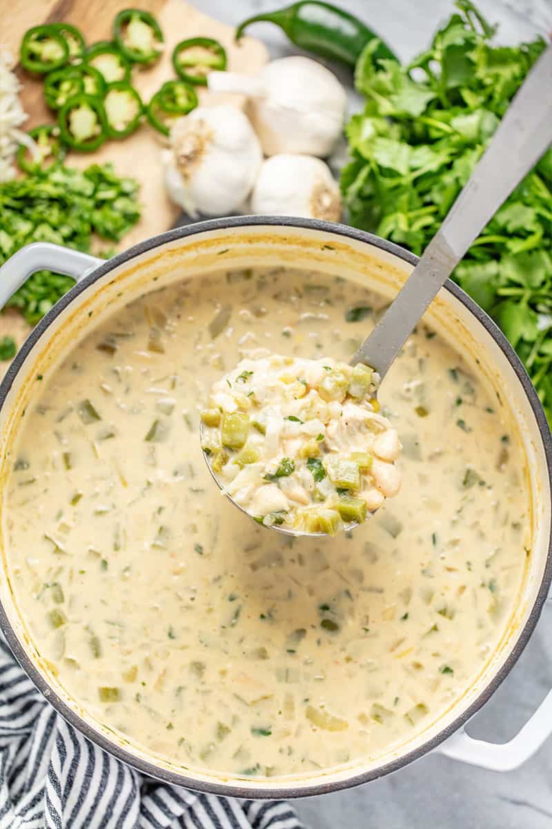 Bird's eye view of White Chicken Chili in a  metal ladel above a pot full of white chicken chili.