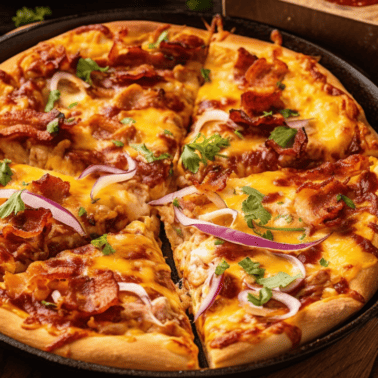 BBQ Chicken Pizza in a cast iron skillet.