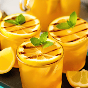 3 small glasses of grilled lemonade topped with grilled lemon slices.