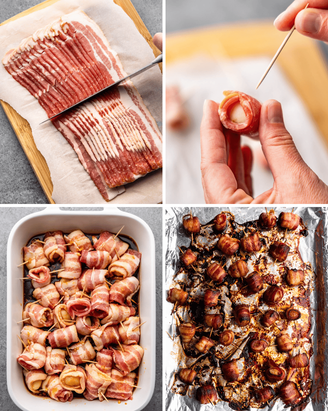 An overhead view collage of images showing the steps to making bacon wrapped water chestnuts. 